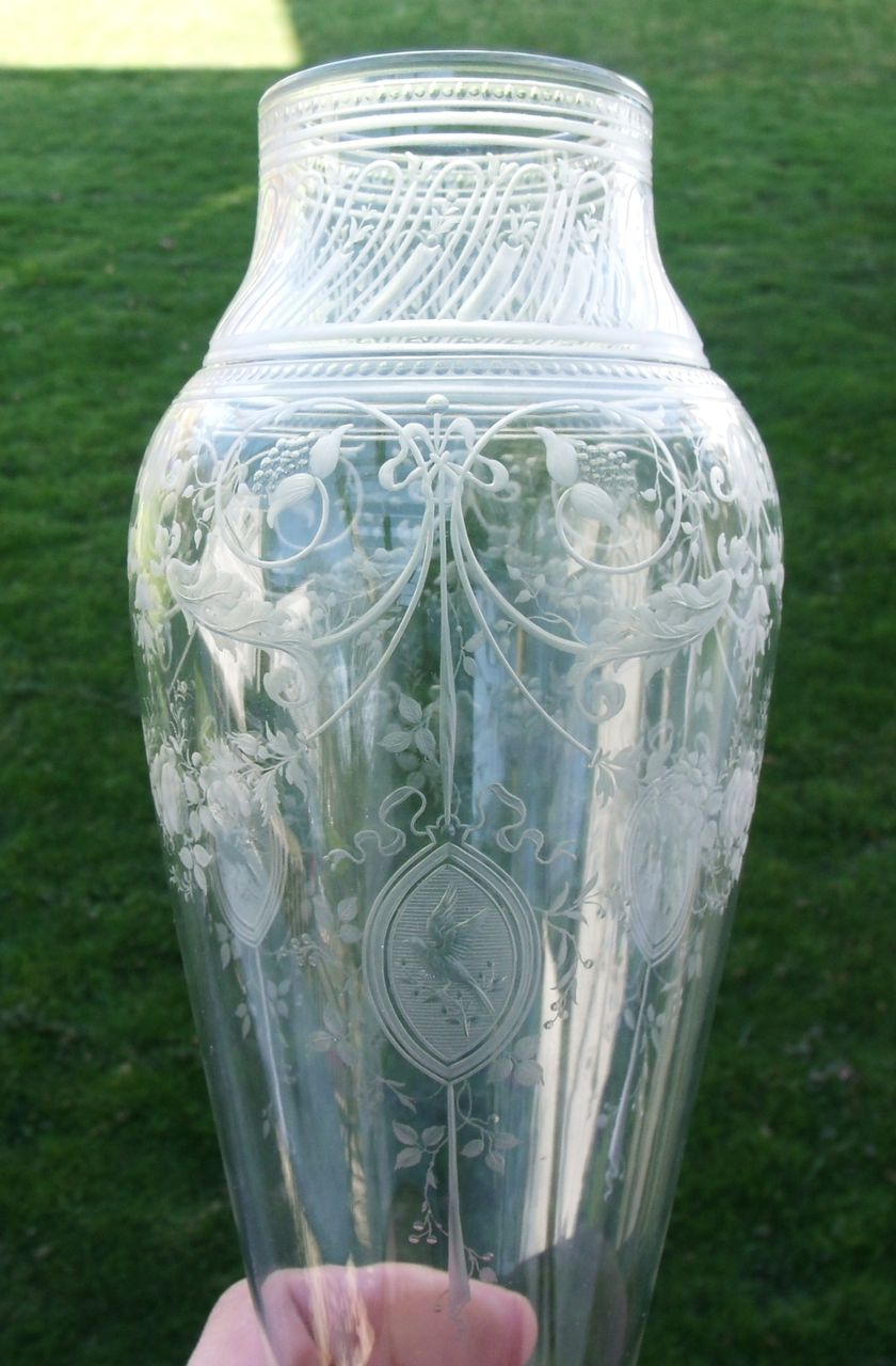 Pair of Early Heavily Etched Crystal Amphora Sconce Vases Pair of Early Heavily Etched Crystal Amphora Sconce Vases