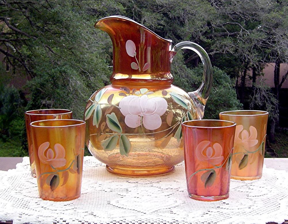 Hand Painted Enameled Lotus Water Set by Fenton Hand Painted Enameled Lotus Water Set by Fenton