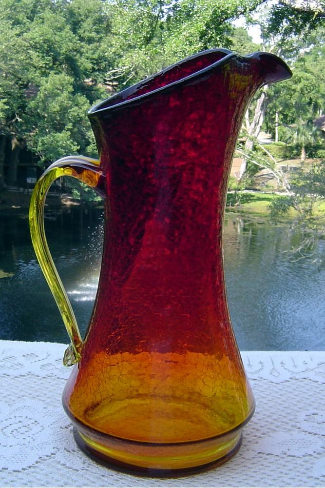 Elegant Amberina Hand Blown Crackle Glass Pitcher Elegant Amberina Hand Blown Crackle Glass Pitcher