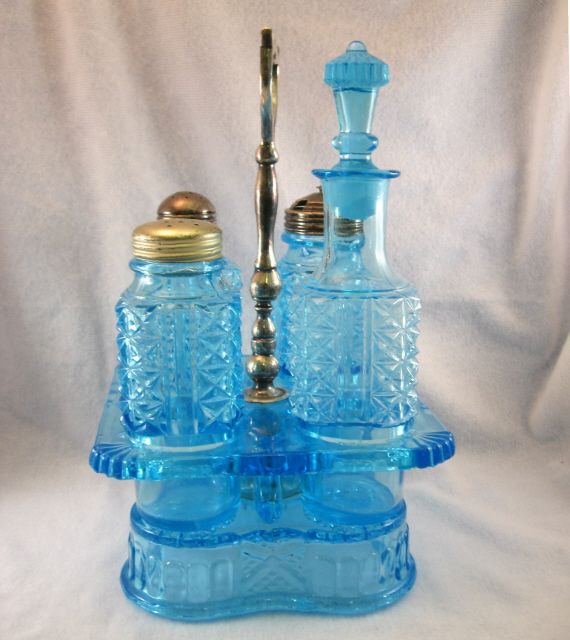Victorian Blue Pressed Glass Cruet Stand With Bottles Victorian Blue Pressed Glass Cruet Stand With Bottles
