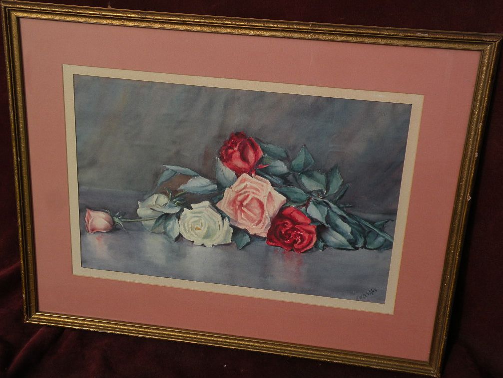 KATHRYN LEIGHTON (1875-1952) watercolor painting of roses by master of indian portraits and Southwest landscapes KATHRYN LEIGHTON (1875-1952) watercolor painting of roses by master of indian portraits and Southwest landscapes
