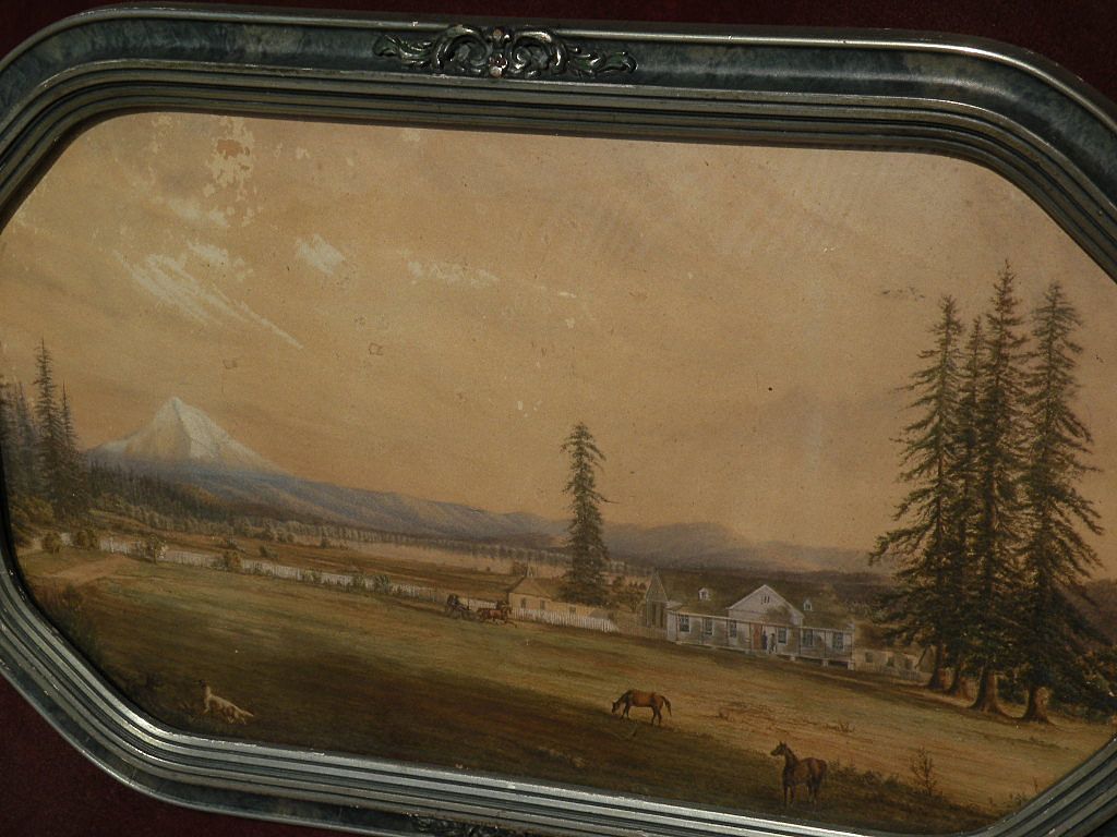 OREGON ART Rare extremely well executed circa 1860s to 1880's watercolor of Mt. Hood Oregon landscape with figures, houses and dogs in Victorian frame OREGON ART Rare extremely well executed circa 1860s to 1880's watercolor of Mt. Hood Oregon landscape with figures, houses and dogs in Victorian frame