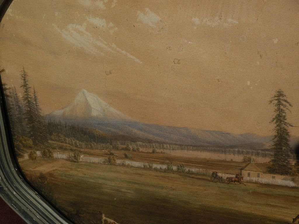 OREGON ART Rare extremely well executed circa 1860s to 1880's watercolor of Mt. Hood Oregon landscape with figures, houses and dogs in Victorian frame OREGON ART Rare extremely well executed circa 1860s to 1880's watercolor of Mt. Hood Oregon landscape with figures, houses and dogs in Victorian frame