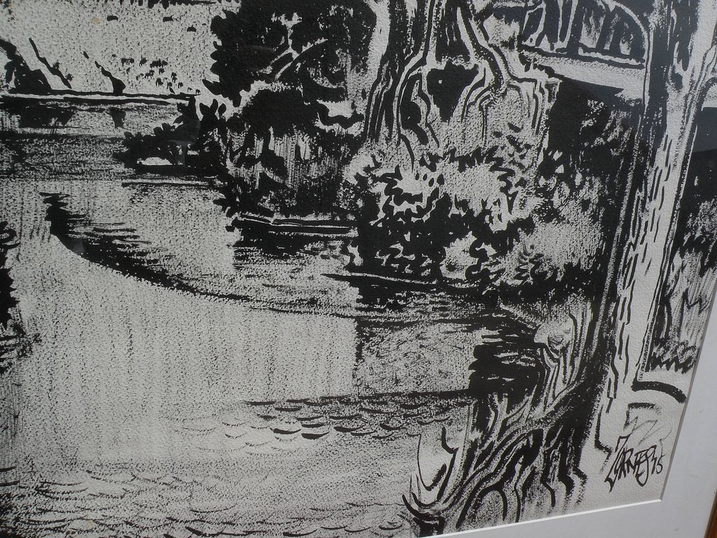 MILFORD ZORNES (1908-2008) California Scene art black ink watercolor painting of river and trees MILFORD ZORNES (1908-2008) California Scene art black ink watercolor painting of river and trees