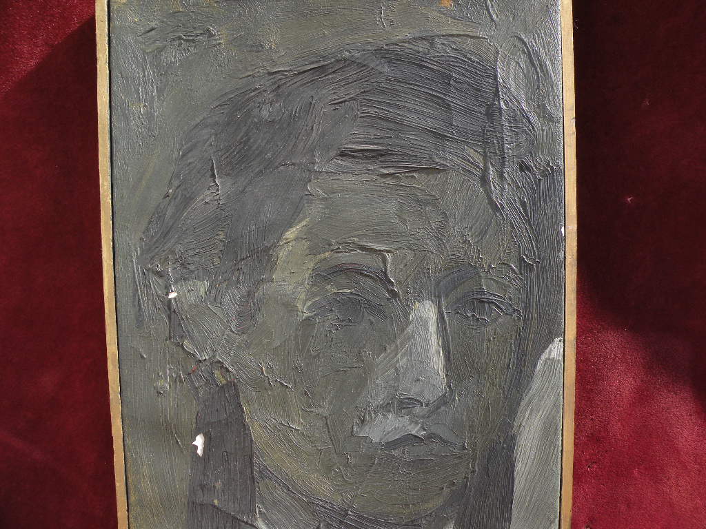 Signed contemporary artistic portrait painting in shades of black and gray Signed contemporary artistic portrait painting in shades of black and gray
