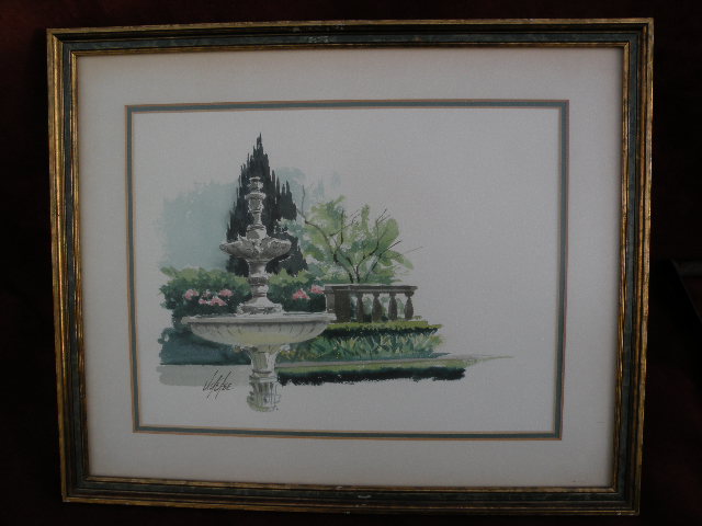 JAKE LEE (1915-1991) California Scene school watercolor art painting of a fountain JAKE LEE (1915-1991) California Scene school watercolor art painting of a fountain