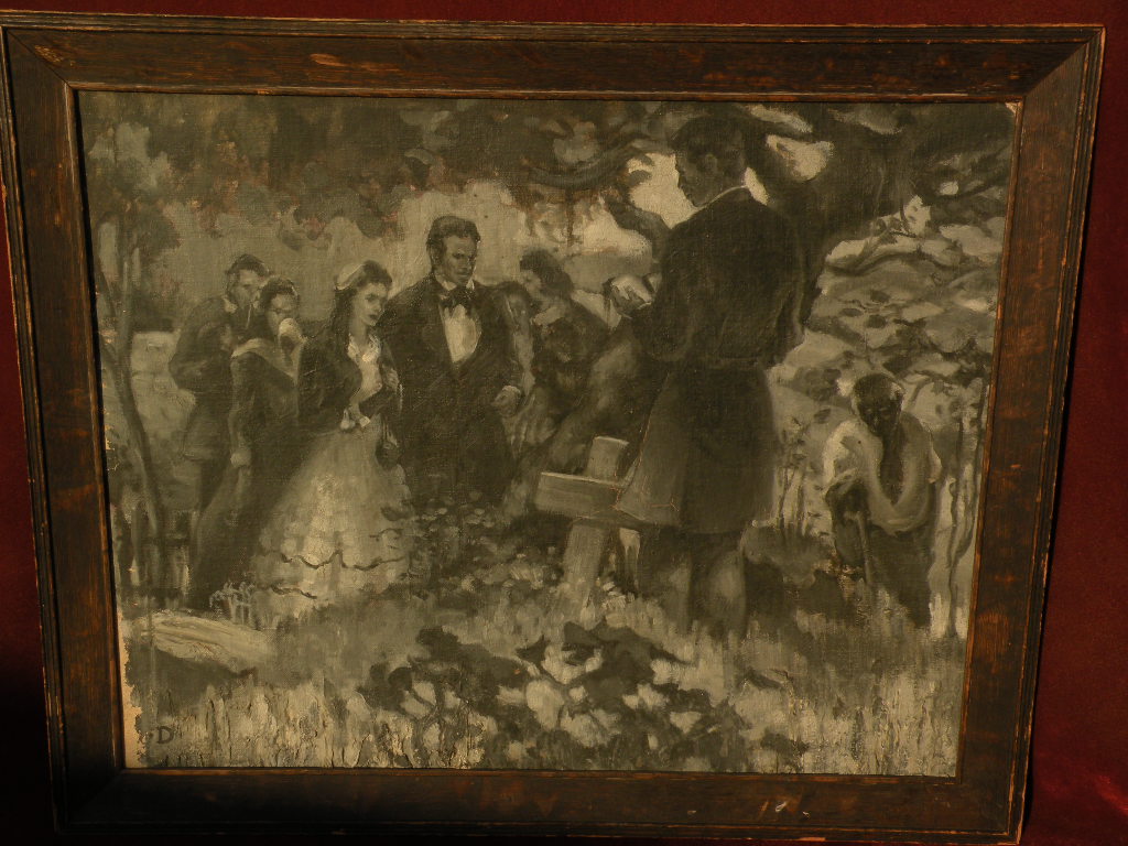 American illustration art vintage signed oil painting en grisaille circa 1920s or 1930s American illustration art vintage signed oil painting en grisaille circa 1920s or 1930s