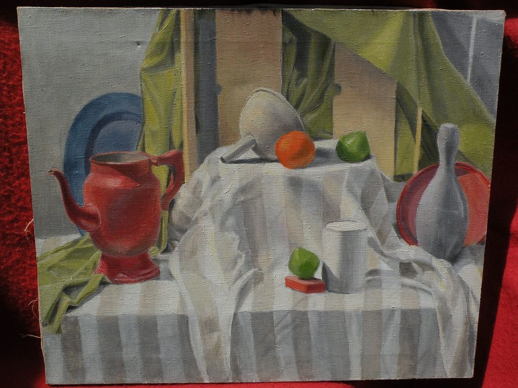 Signed contemporary complex still life painting of a group of objects on a draped table Signed contemporary complex still life painting of a group of objects on a draped table