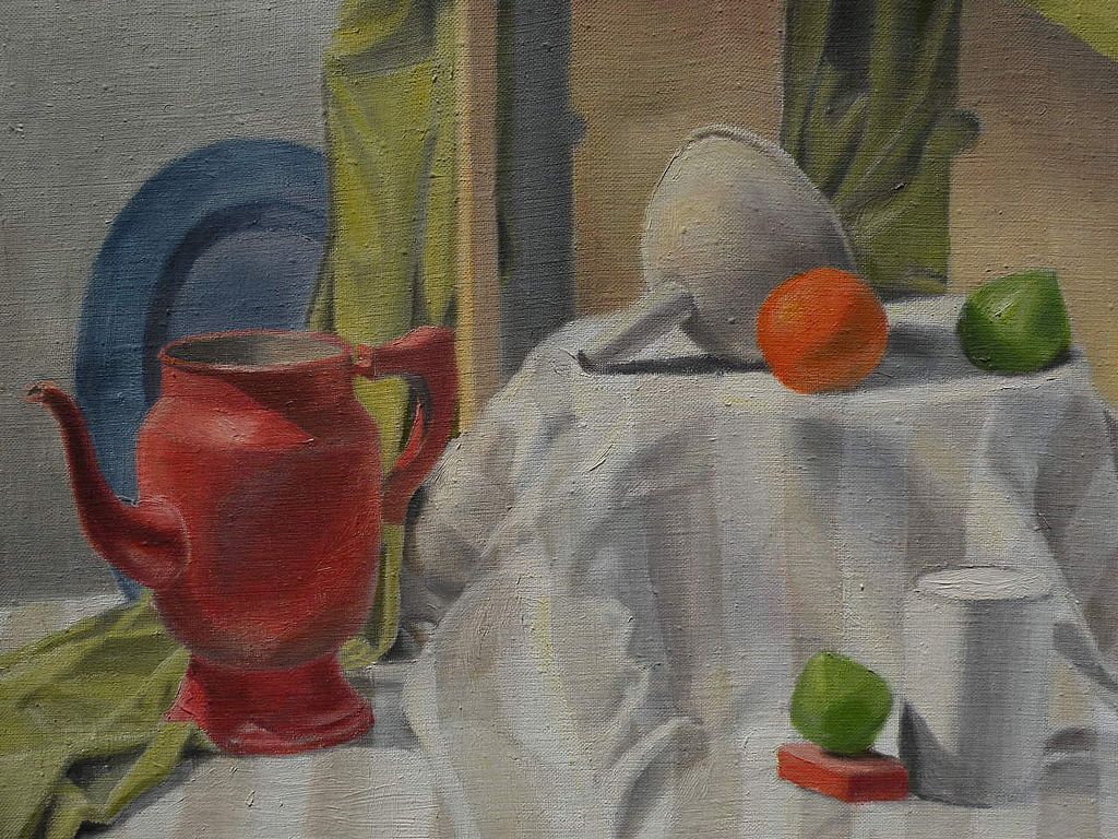 Signed contemporary complex still life painting of a group of objects on a draped table Signed contemporary complex still life painting of a group of objects on a draped table