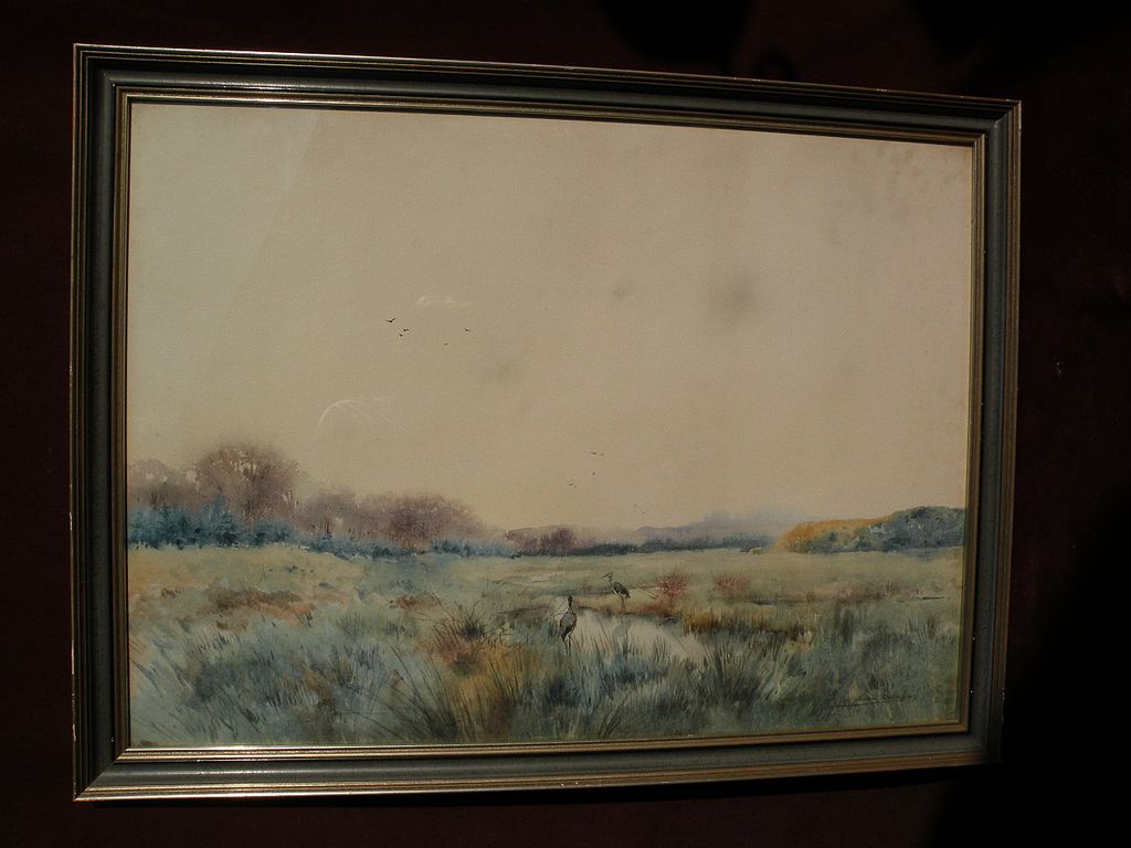 NESTOR OUTER (1865-1930) Belgian impressionist large watercolor painting of herons in a swamp dated 1905 NESTOR OUTER (1865-1930) Belgian impressionist large watercolor painting of herons in a swamp dated 1905