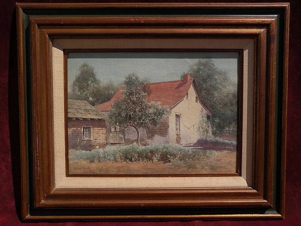 JAKOB KOCH (1876-1962) vintage California art watercolor painting of an early adobe house with orange tree JAKOB KOCH (1876-1962) vintage California art watercolor painting of an early adobe house with orange tree