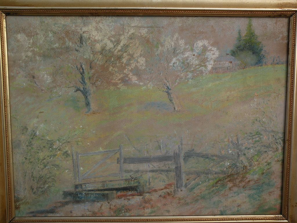 FRANK J. GIRARDIN (1856-1945) Indiana and California impressionist pastel drawing of spring landscape "The Old Watering Place" FRANK J. GIRARDIN (1856-1945) Indiana and California impressionist pastel drawing of spring landscape "The Old Watering Place"