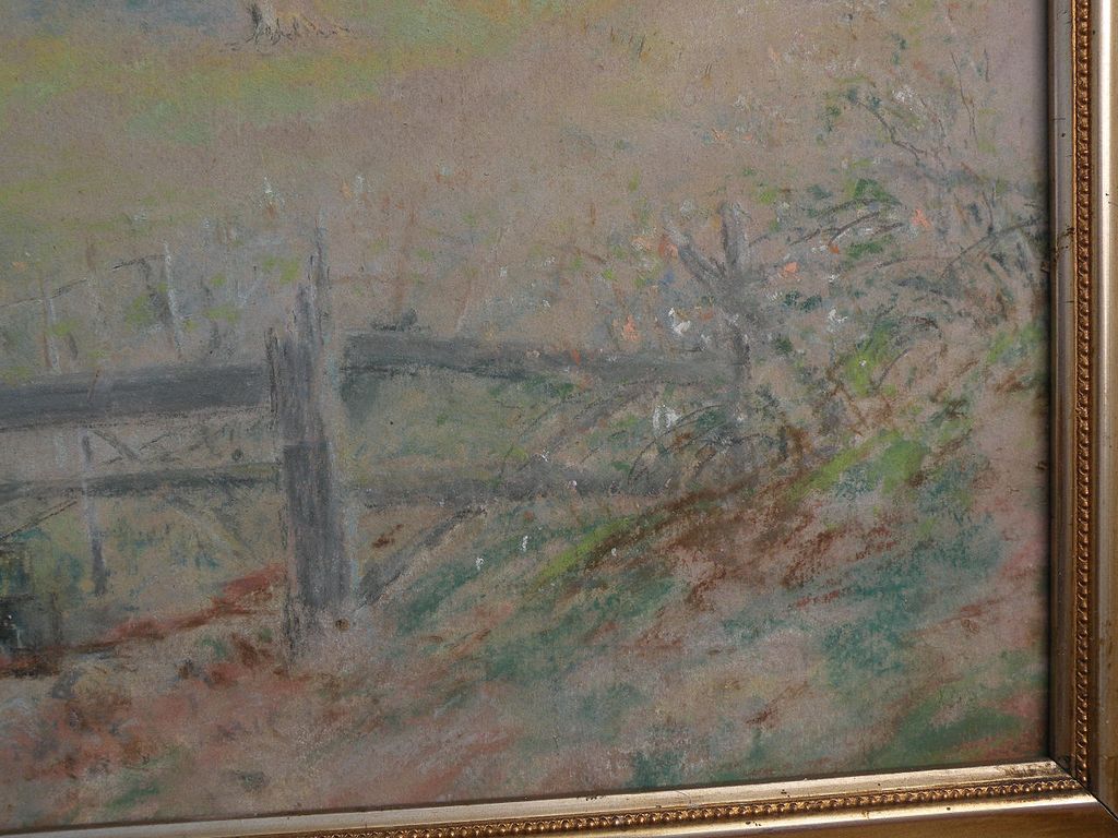 FRANK J. GIRARDIN (1856-1945) Indiana and California impressionist pastel drawing of spring landscape "The Old Watering Place" FRANK J. GIRARDIN (1856-1945) Indiana and California impressionist pastel drawing of spring landscape "The Old Watering Place"