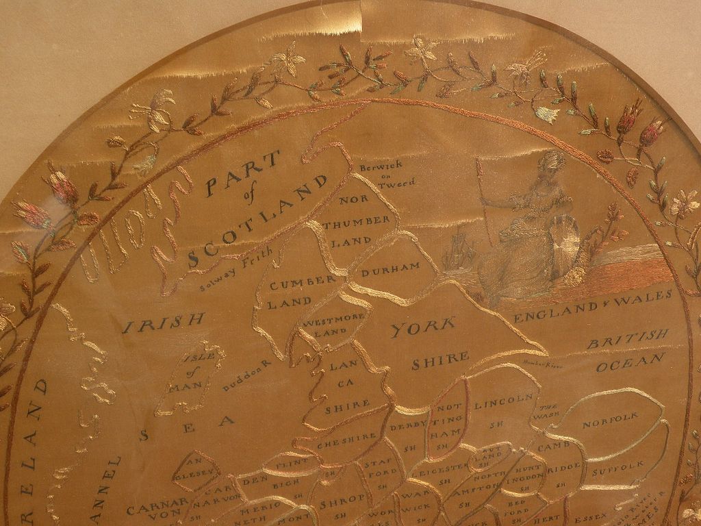 English 18th or 19th century early detailed needlework map on silk of England and Scotland English 18th or 19th century early detailed needlework map on silk of England and Scotland