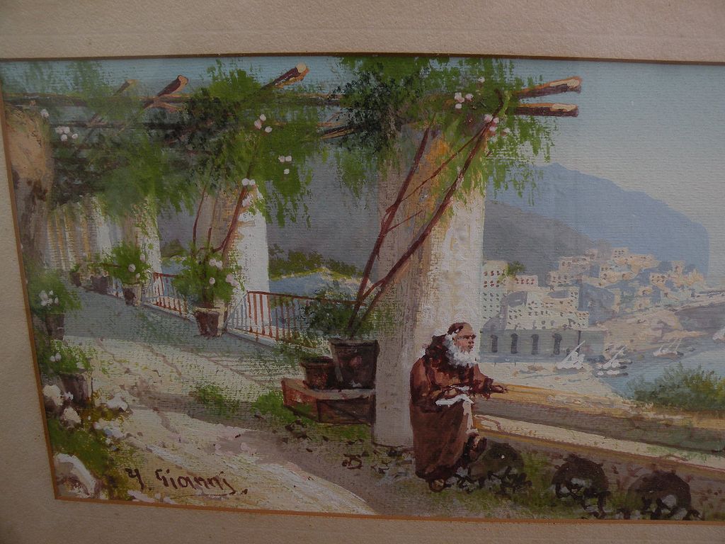 Y. GIANNI Italian gouache drawing trellised terrace above steep coastline Y. GIANNI Italian gouache drawing trellised terrace above steep coastline