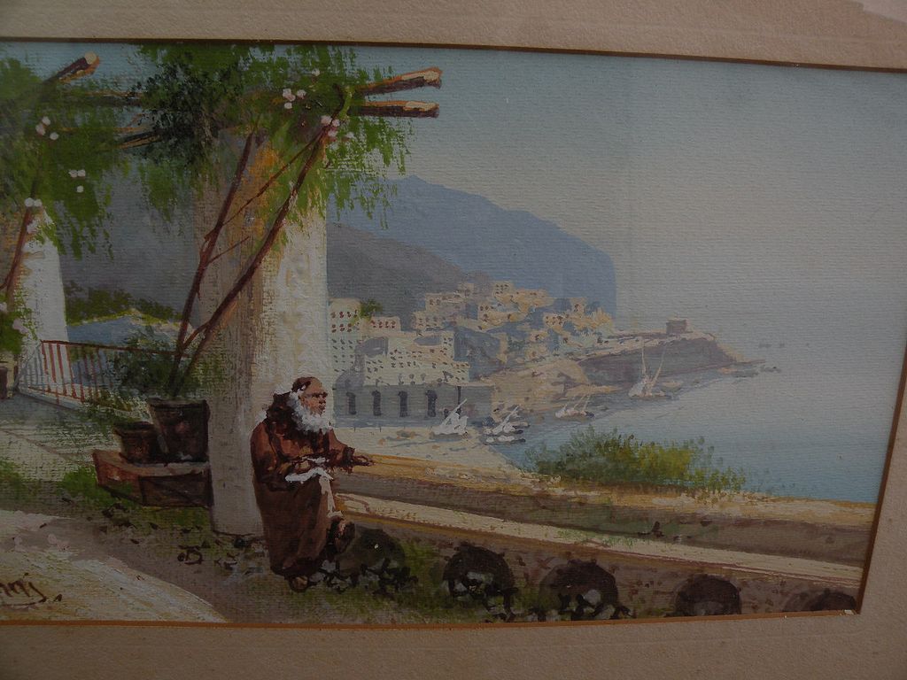 Y. GIANNI Italian gouache drawing trellised terrace above steep coastline Y. GIANNI Italian gouache drawing trellised terrace above steep coastline