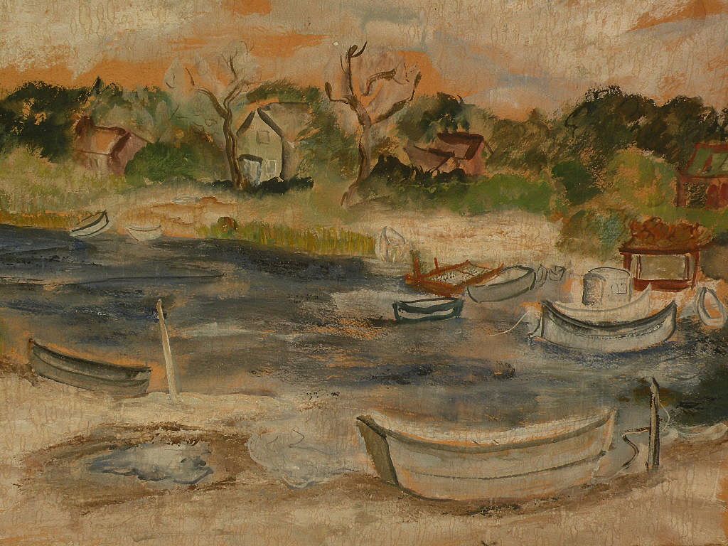 LUCILE BROKAW (1915-1984) gouache 1948 painting of harbor boats by noted socialite model painter LUCILE BROKAW (1915-1984) gouache 1948 painting of harbor boats by noted socialite model painter