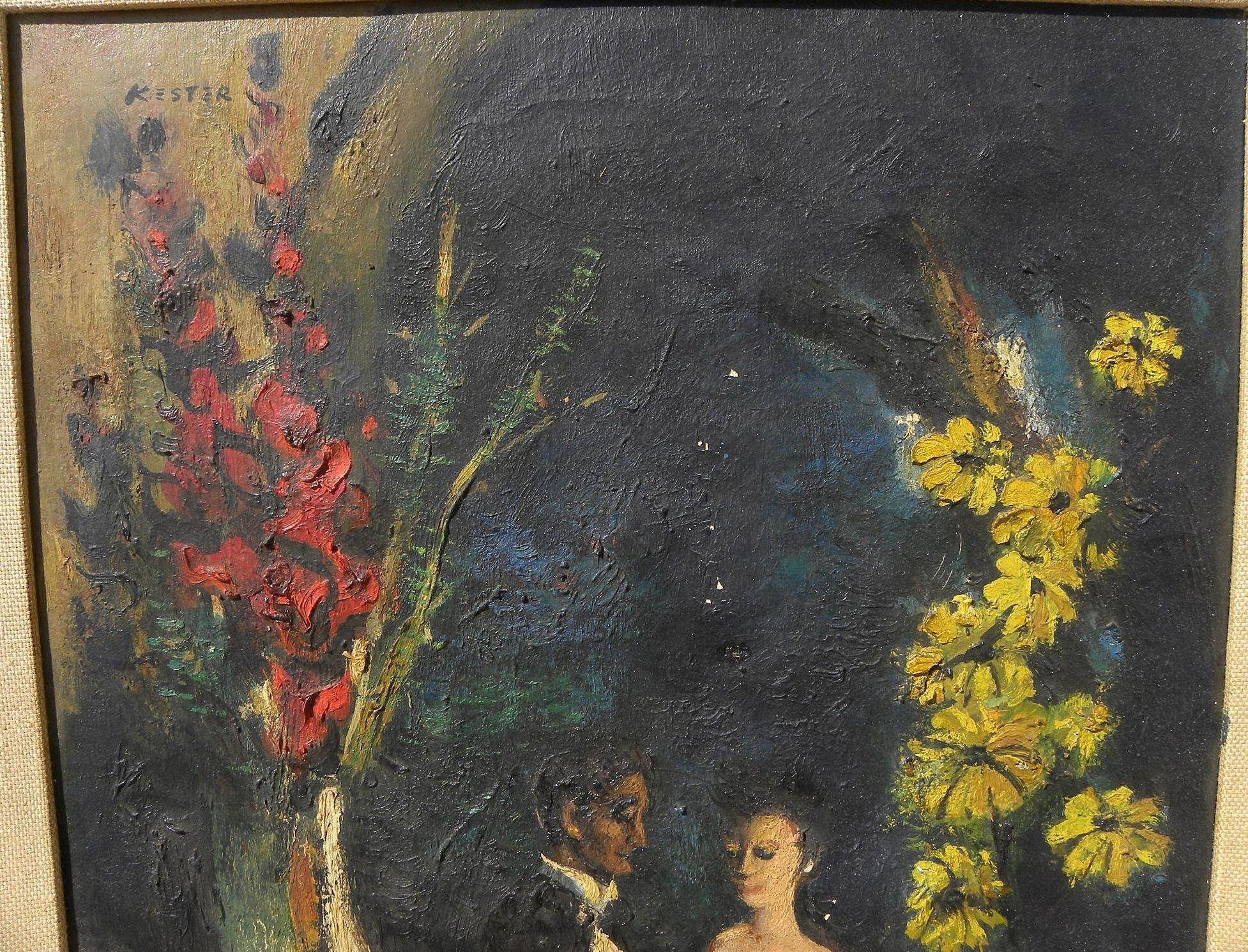LENARD KESTER (1917-1997) California Disney artist painting oil on canvas "The Conversation" LENARD KESTER (1917-1997) California Disney artist painting oil on canvas "The Conversation"