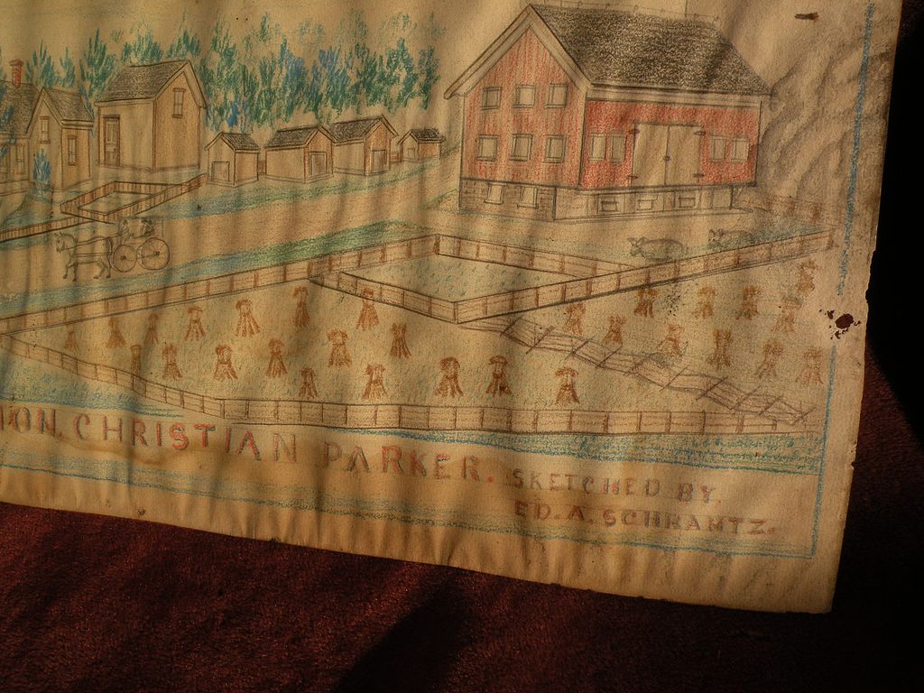19th century American folk art Ft. Wayne Indiana drawing of an early estate homestead 19th century American folk art Ft. Wayne Indiana drawing of an early estate homestead