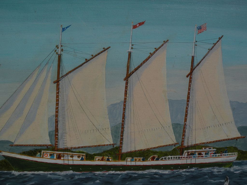 JOHN C. HATLEM (1907-2007) naive marine painting of a coastal schooner by noted Maine artist JOHN C. HATLEM (1907-2007) naive marine painting of a coastal schooner by noted Maine artist
