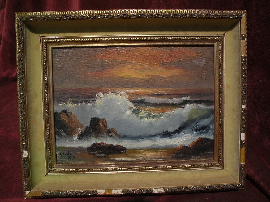 ROBERT WEE (1927-) California plein air art oil painting of coastal waves at sunset ROBERT WEE (1927-) California plein air art oil painting of coastal waves at sunset