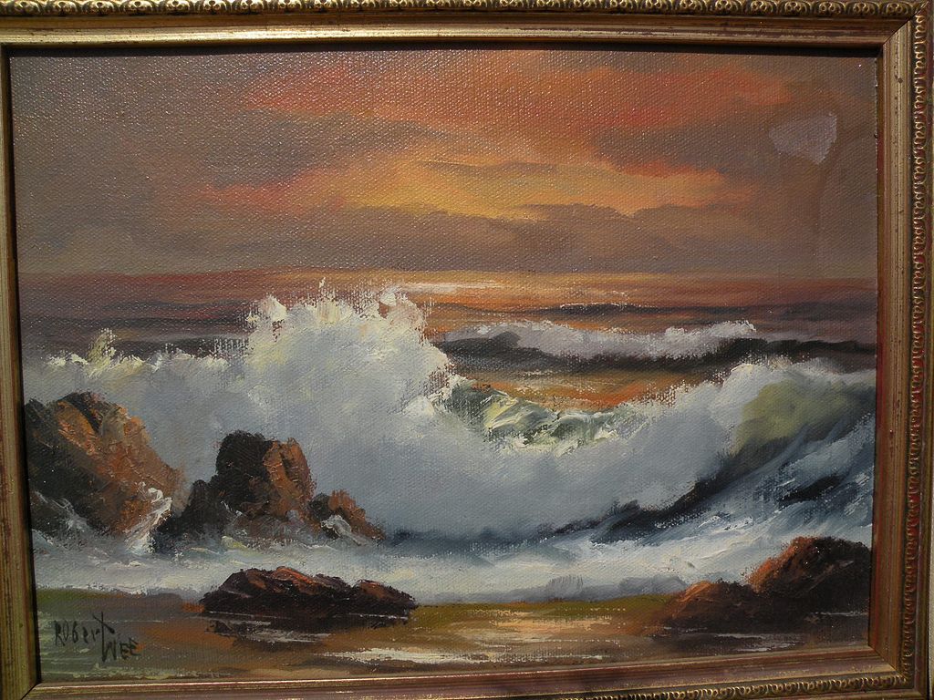 ROBERT WEE (1927-) California plein air art oil painting of coastal waves at sunset ROBERT WEE (1927-) California plein air art oil painting of coastal waves at sunset