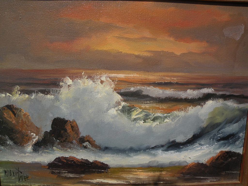 ROBERT WEE (1927-) California plein air art oil painting of coastal waves at sunset ROBERT WEE (1927-) California plein air art oil painting of coastal waves at sunset