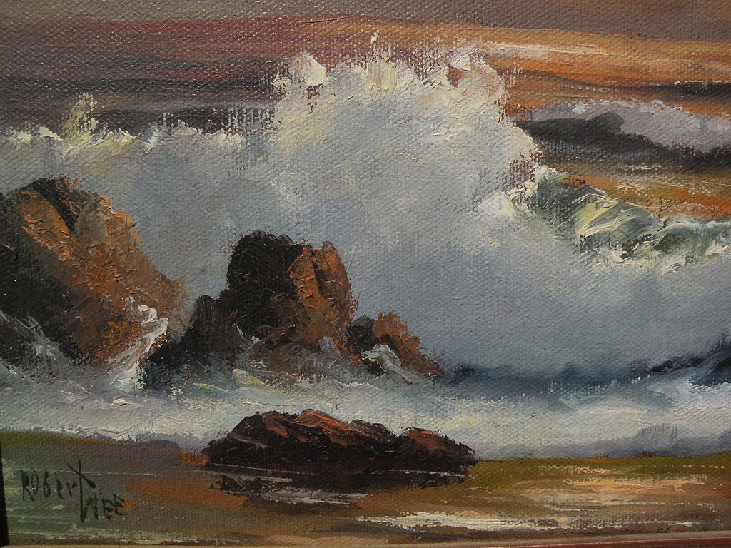 ROBERT WEE (1927-) California plein air art oil painting of coastal waves at sunset ROBERT WEE (1927-) California plein air art oil painting of coastal waves at sunset