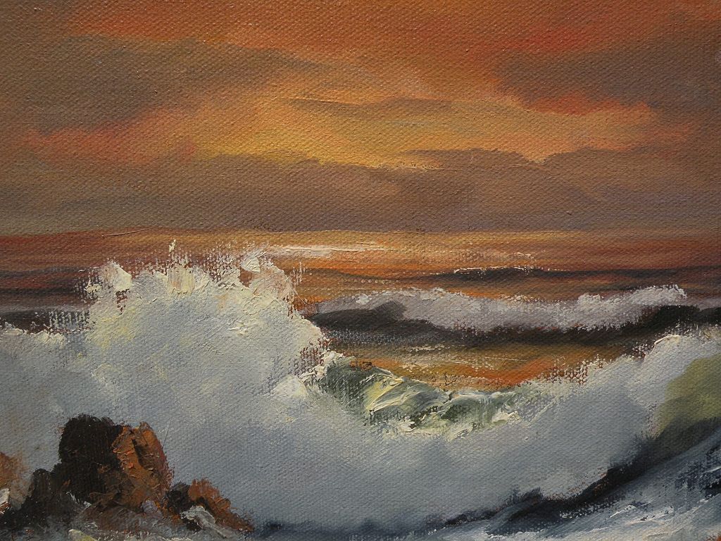 ROBERT WEE (1927-) California plein air art oil painting of coastal waves at sunset ROBERT WEE (1927-) California plein air art oil painting of coastal waves at sunset