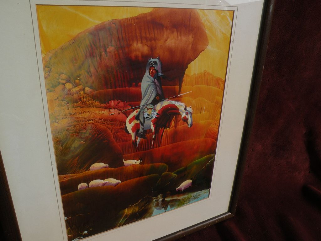 Contemporary Native American Art painting of traditional Southwest hunter on Appaloosa horse in desert landscape Contemporary Native American Art painting of traditional Southwest hunter on Appaloosa horse in desert landscape