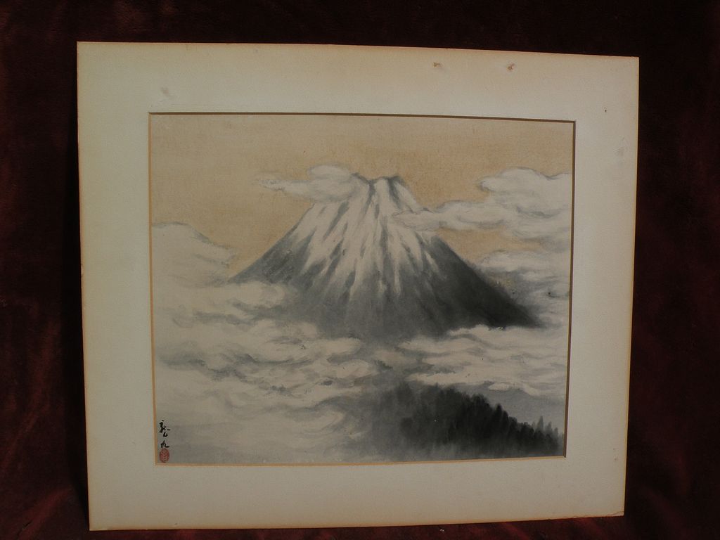 Japanese art vintage watercolor painting of Mt.Fujiyama above the clouds signed Japanese art vintage watercolor painting of Mt.Fujiyama above the clouds signed