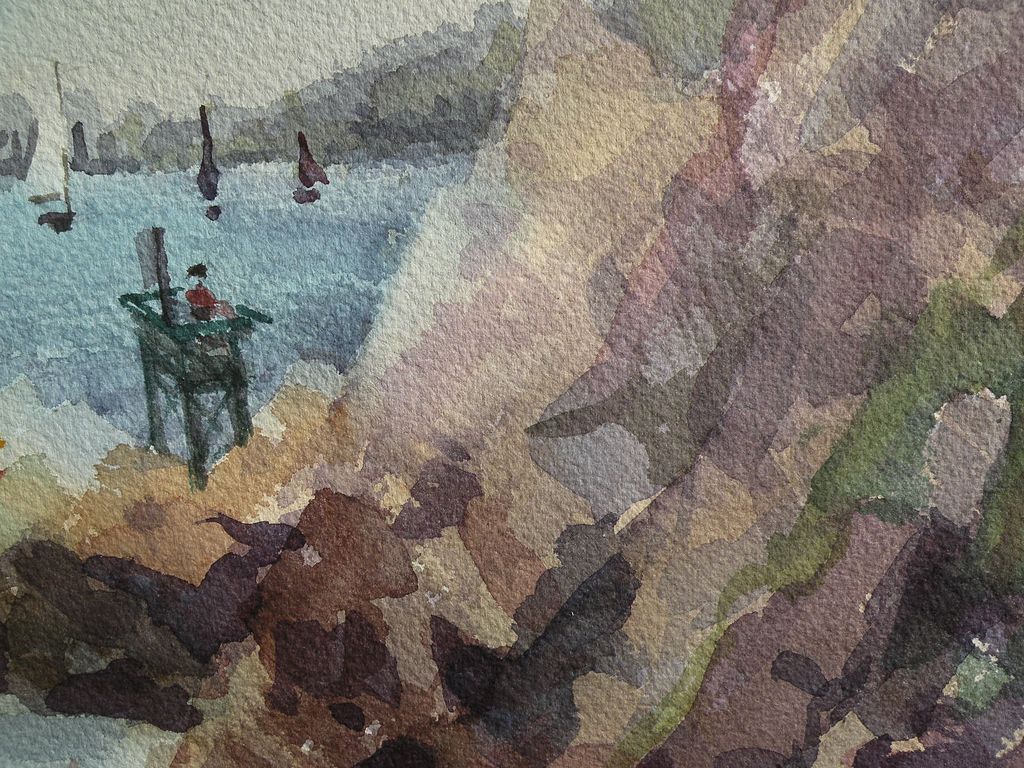 California watercolor school painting of a harbor likely Newport Beach California watercolor school painting of a harbor likely Newport Beach