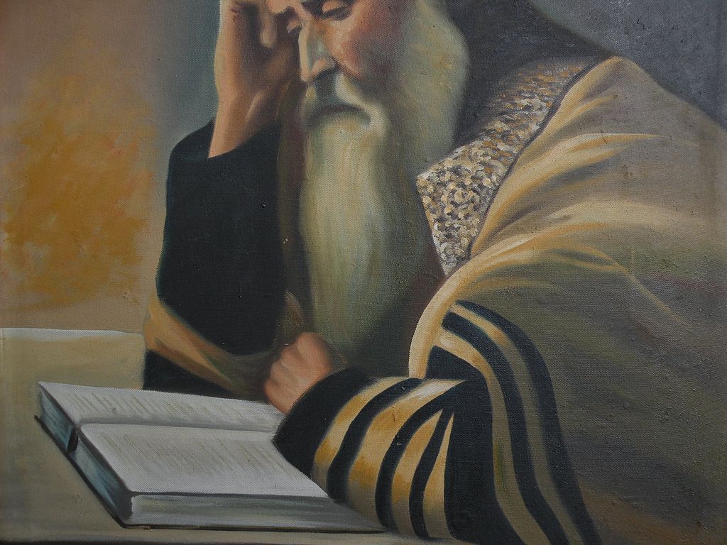 Judaica Jewish art oil painting of a holy man studying religious books