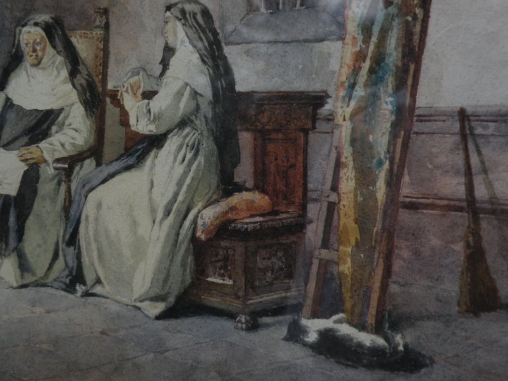 PAOLO SALA (1859-1924) Italian art original watercolor on paper painting nuns chatting in a courtyard PAOLO SALA (1859-1924) Italian art original watercolor on paper painting nuns chatting in a courtyard