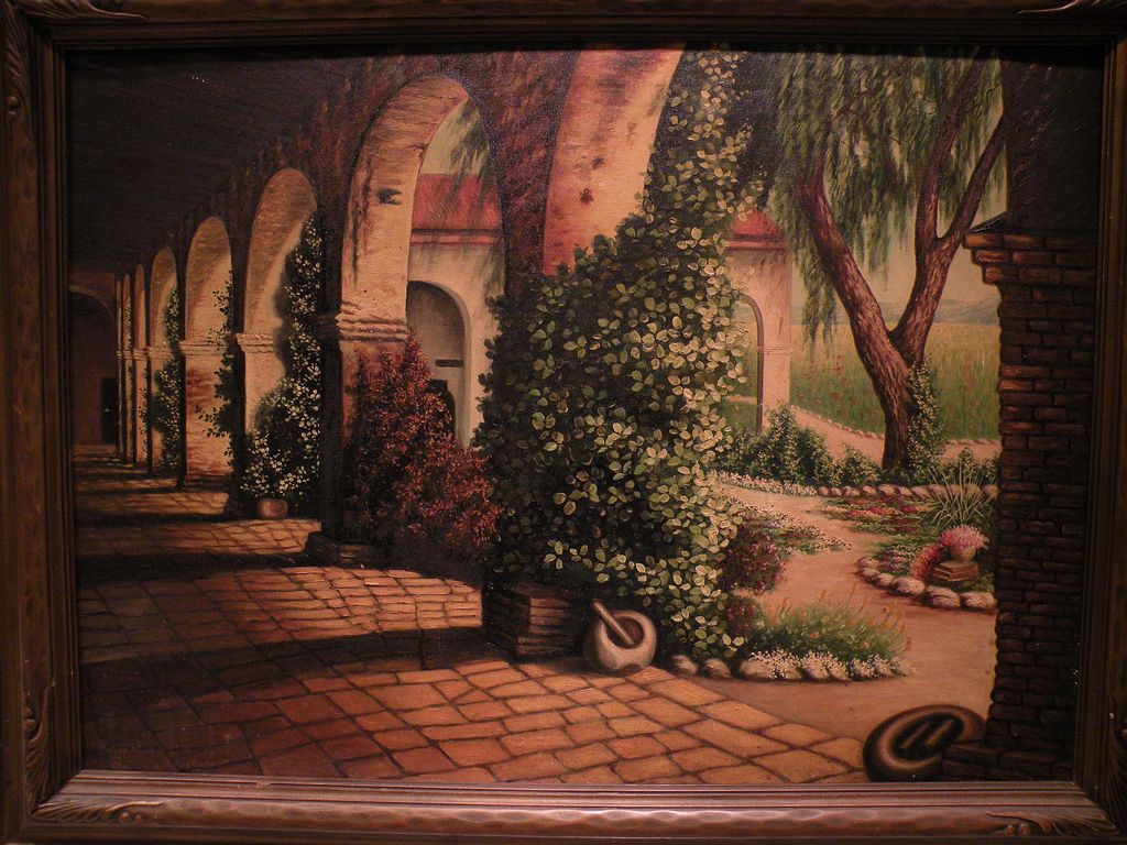 California art vintage signed large oil painting of mission courtyard California art vintage signed large oil painting of mission courtyard