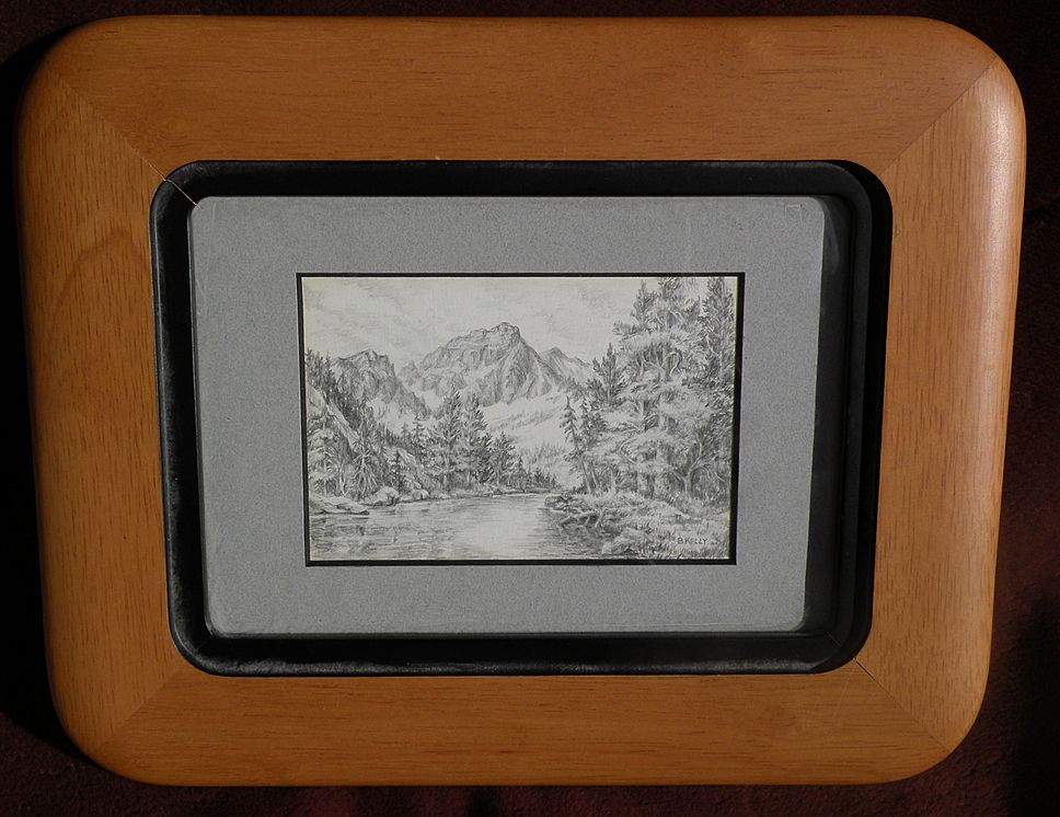 Small fine pencil drawing of Sierra Nevada or other western mountains above a lake Small fine pencil drawing of Sierra Nevada or other western mountains above a lake