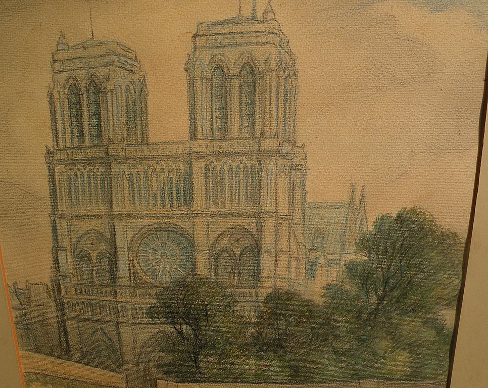 French art original vintage signed 1954 drawing of Notre Dame and the Seine bridges in Paris French art original vintage signed 1954 drawing of Notre Dame and the Seine bridges in Paris