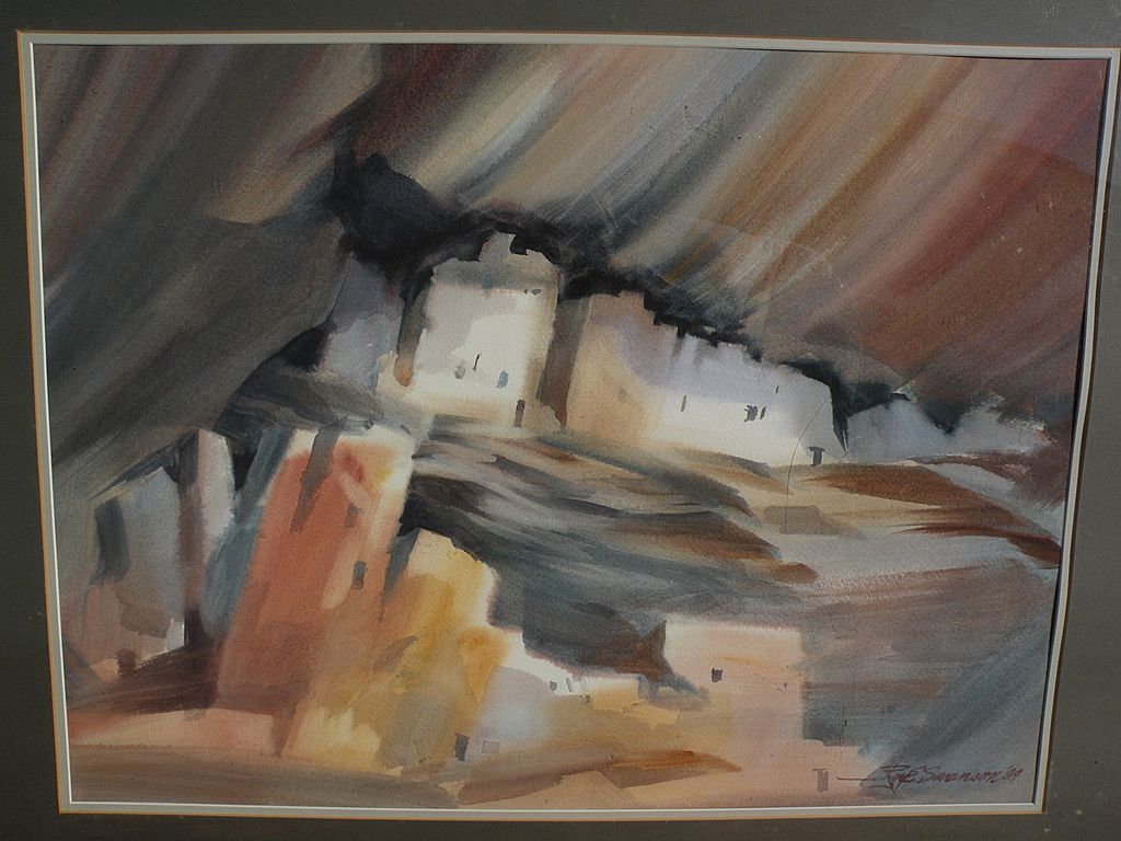 ROY E. SWANSON Southwest American art original watercolor painting of Mesa Verde Cliff ruins in Colorado ROY E. SWANSON Southwest American art original watercolor painting of Mesa Verde Cliff ruins in Colorado
