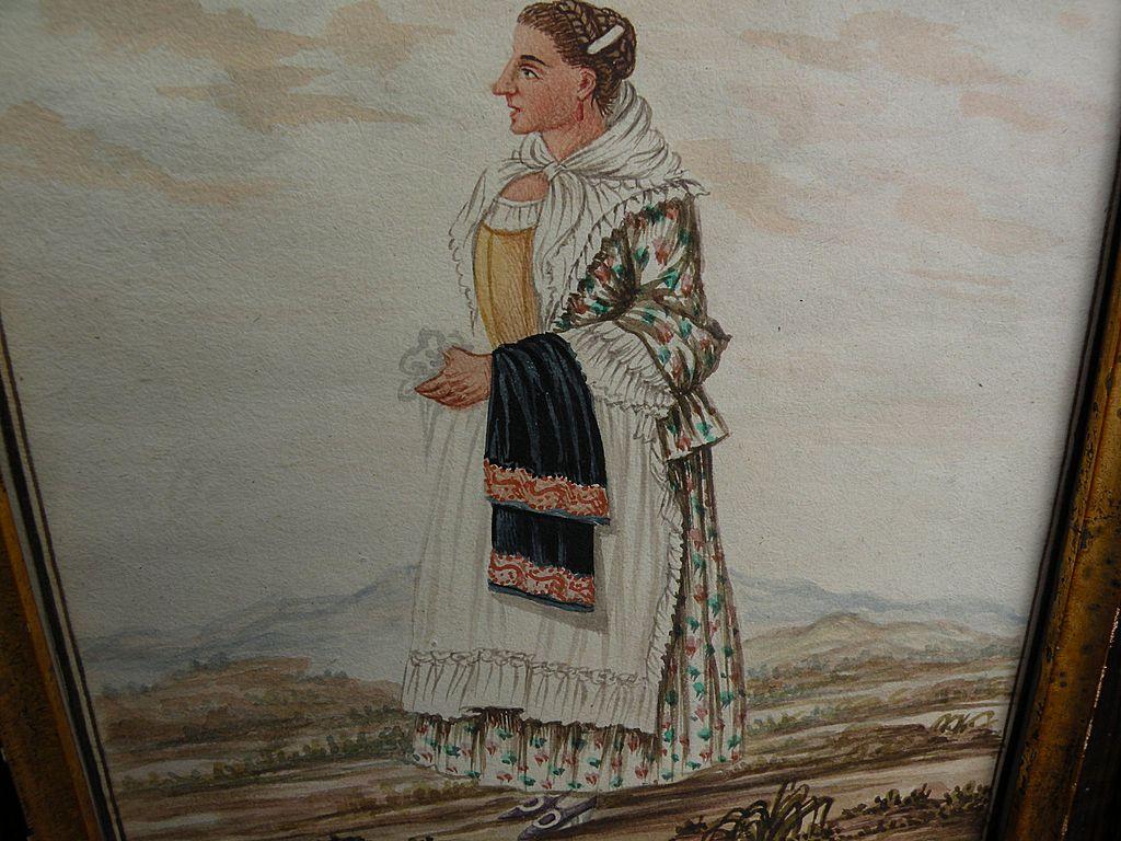 American folk art circa 1840 original watercolor and ink drawing of a lady in a landscape American folk art circa 1840 original watercolor and ink drawing of a lady in a landscape