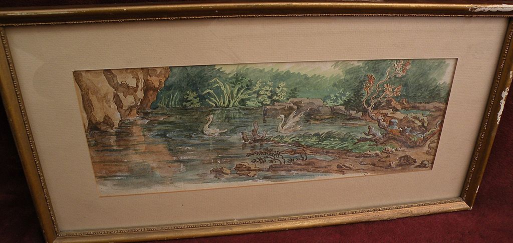 Circa 1800 English or American old ink and watercolor drawing of swans in a pond Circa 1800 English or American old ink and watercolor drawing of swans in a pond