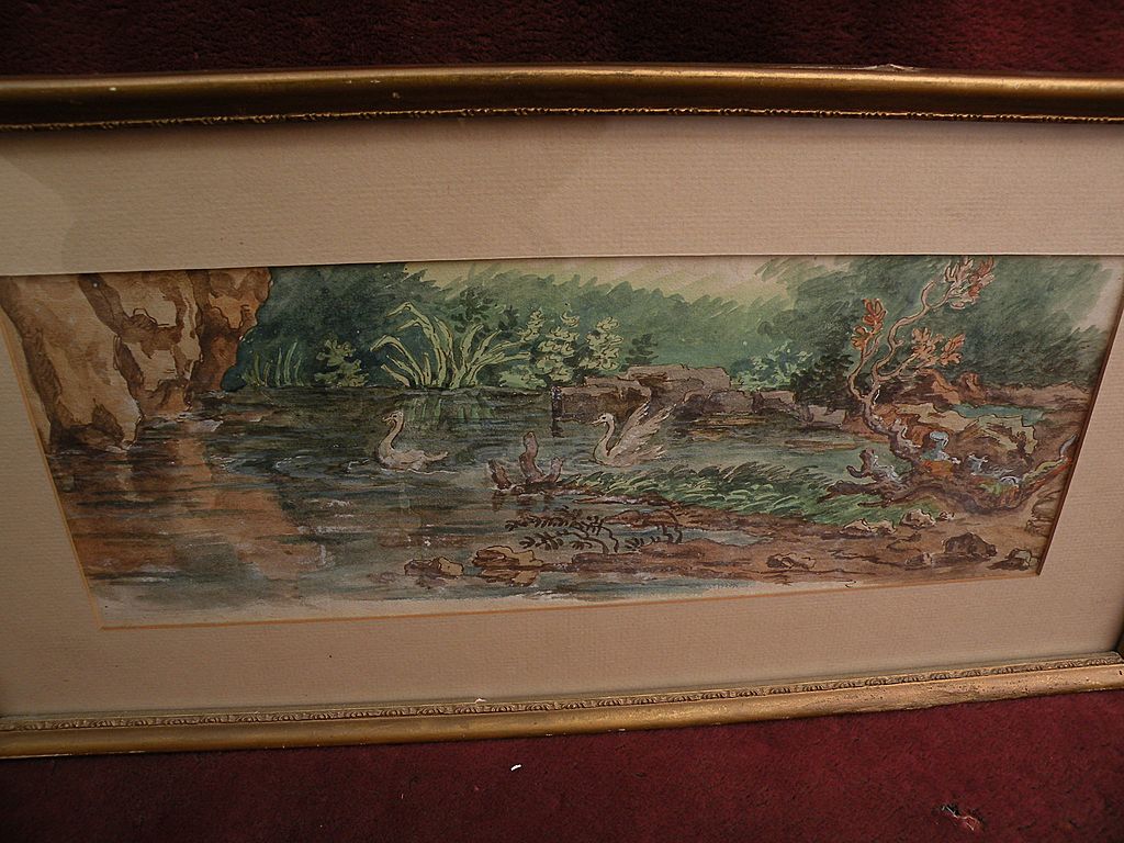 Circa 1800 English or American old ink and watercolor drawing of swans in a pond Circa 1800 English or American old ink and watercolor drawing of swans in a pond