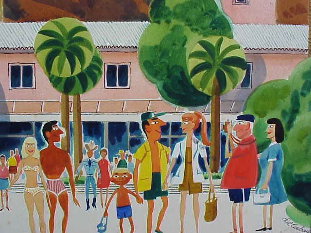 EARL CORDREY (1902-1977) very retro Palm Springs California art watercolor mid century painting of a holiday weekend circa 1960's EARL CORDREY (1902-1977) very retro Palm Springs California art watercolor mid century painting of a holiday weekend circa 1960's