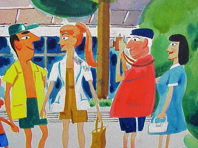EARL CORDREY (1902-1977) very retro Palm Springs California art watercolor mid century painting of a holiday weekend circa 1960's EARL CORDREY (1902-1977) very retro Palm Springs California art watercolor mid century painting of a holiday weekend circa 1960's