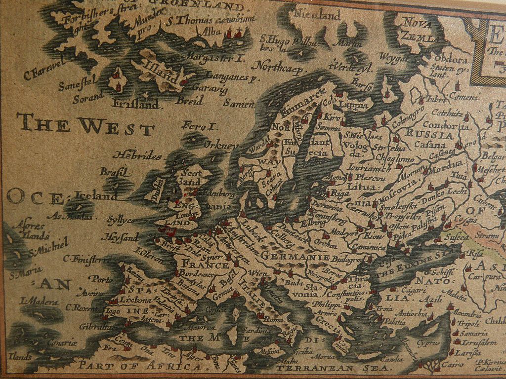 17th century miniature engraved hand colored map of Europe by P. van den Keere (Kaerius) 17th century miniature engraved hand colored map of Europe by P. van den Keere (Kaerius)