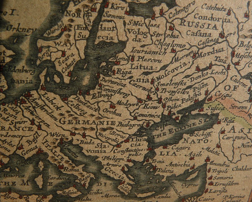 17th century miniature engraved hand colored map of Europe by P. van den Keere (Kaerius) 17th century miniature engraved hand colored map of Europe by P. van den Keere (Kaerius)