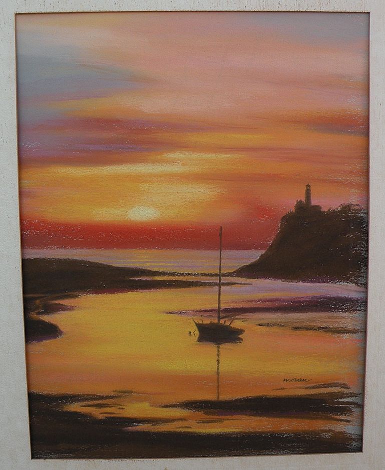 Pastel drawing boat and lighthouse at sunset Pastel drawing boat and lighthouse at sunset