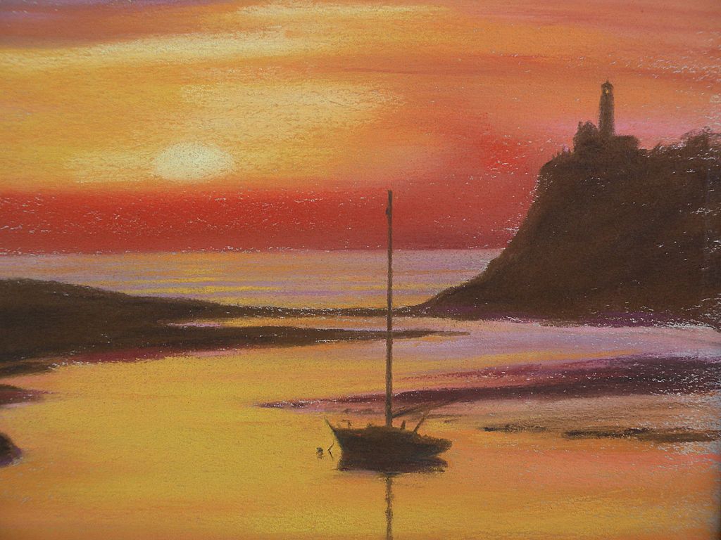 Pastel drawing boat and lighthouse at sunset Pastel drawing boat and lighthouse at sunset