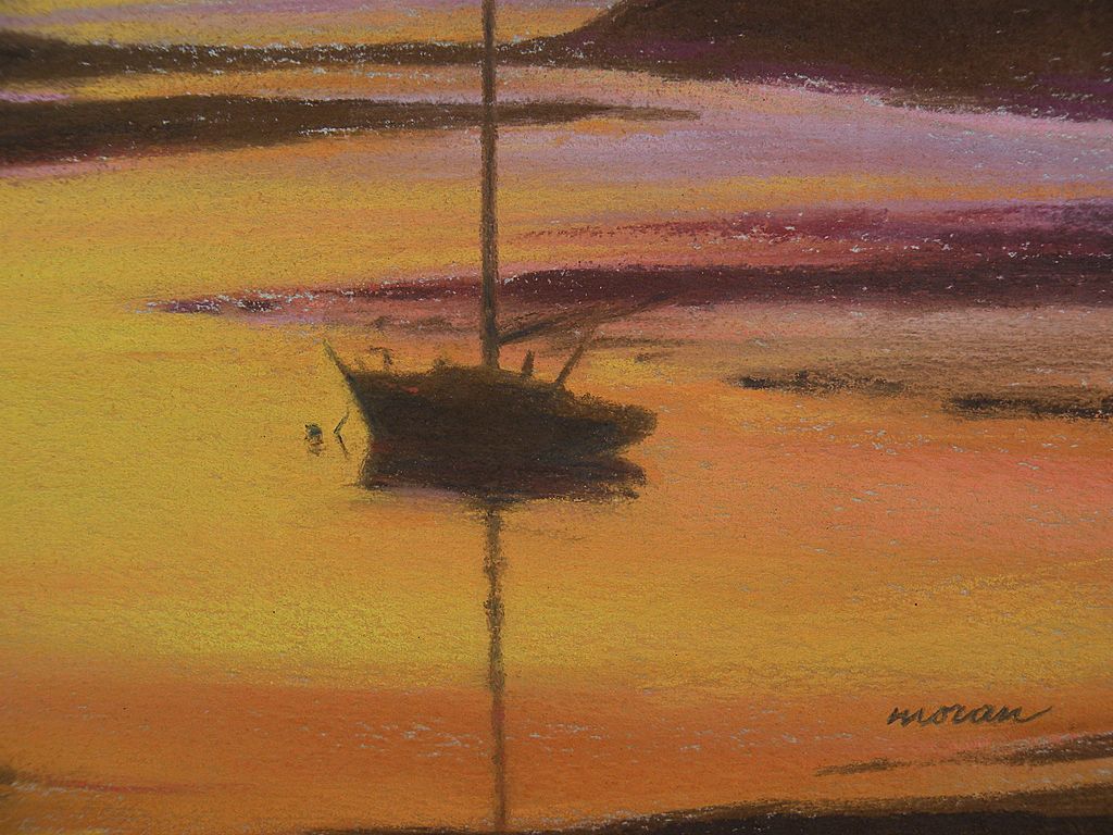 Pastel drawing boat and lighthouse at sunset Pastel drawing boat and lighthouse at sunset