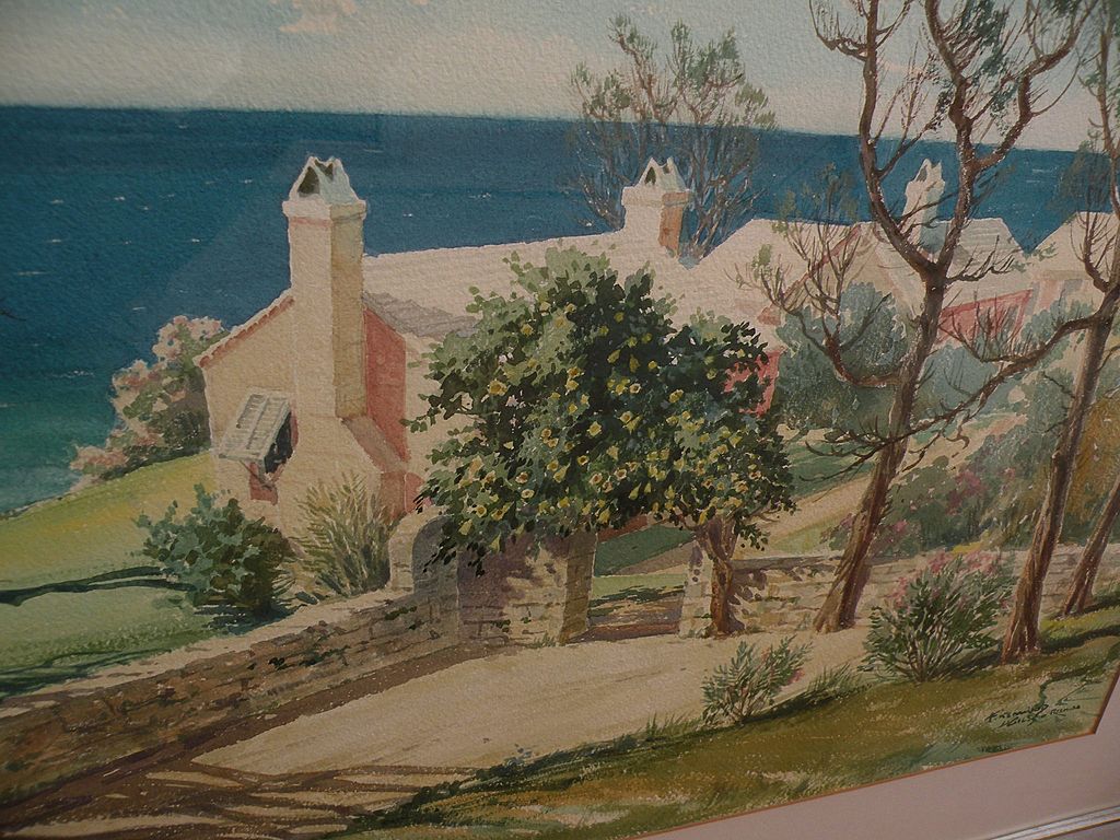 Bermuda art original mid century signed large watercolor painting of traditional homes by the sea Bermuda art original mid century signed large watercolor painting of traditional homes by the sea