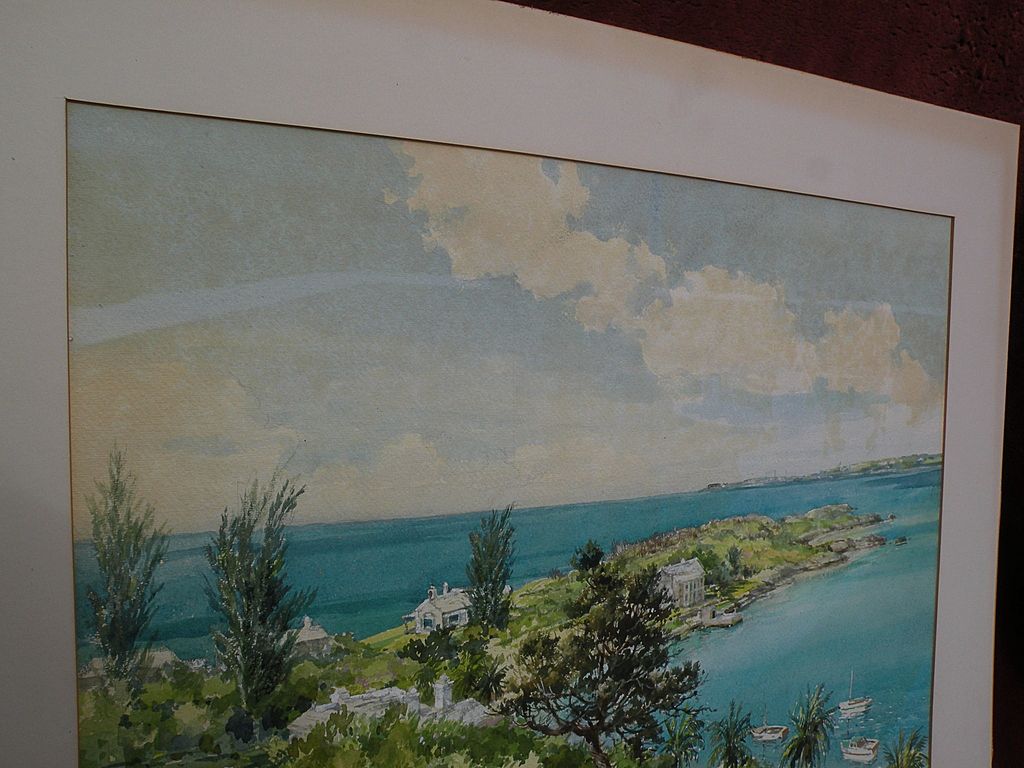 Bermuda art original mid century signed large watercolor birds-eye view painting of island landscape Bermuda art original mid century signed large watercolor birds-eye view painting of island landscape